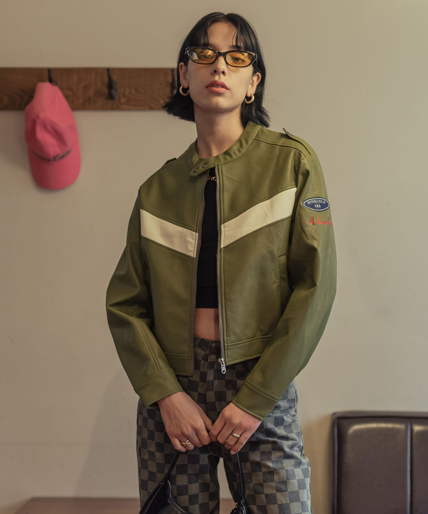 [휘인 착용]Eco Leather Lacing Jacket-Olive