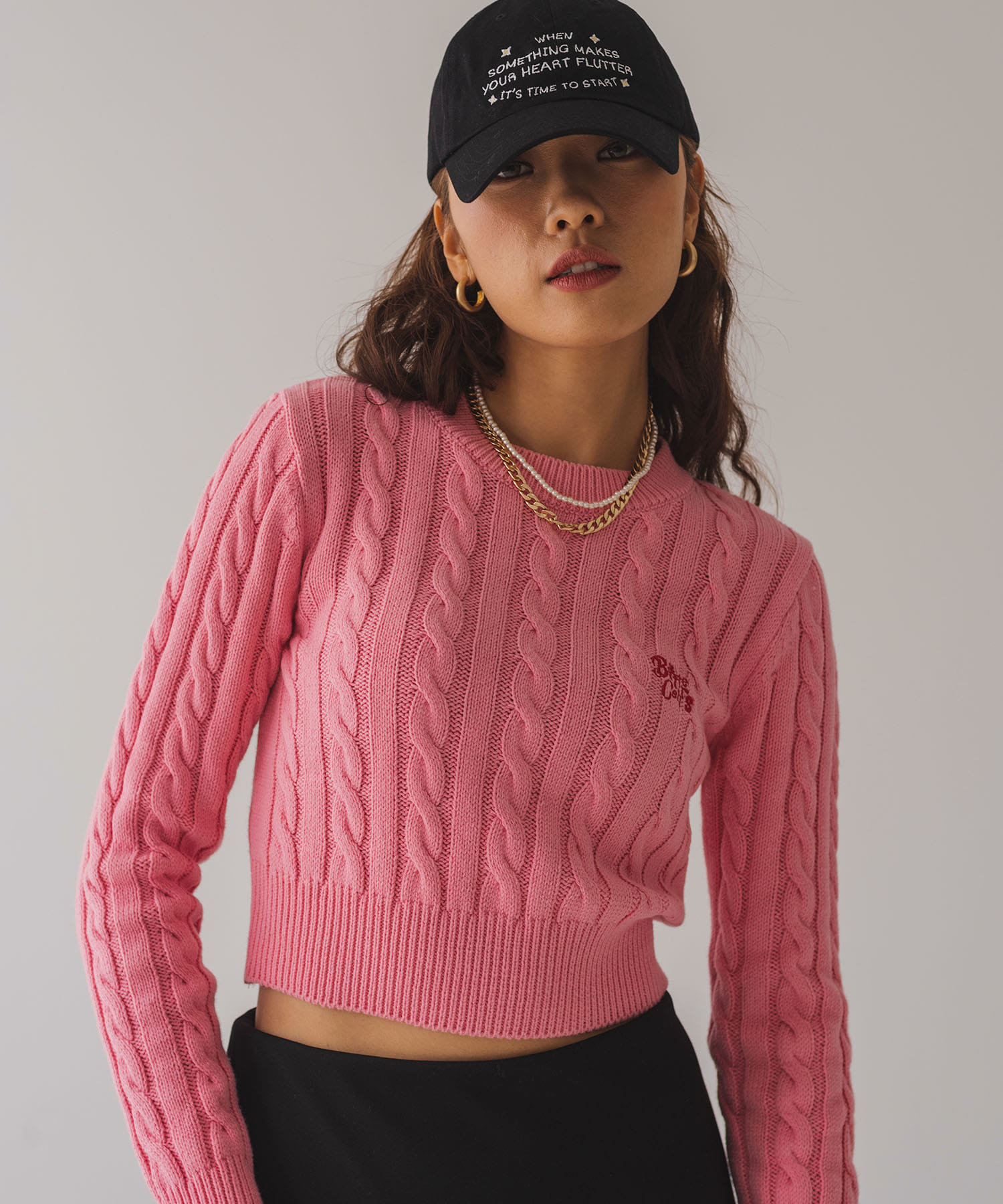 Cotton Cable Crop Knit-Pink